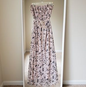 Strapless Pale Pink with Blue Flowers Maxi Dress